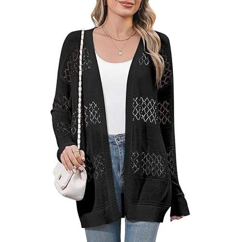 QIANSIQIANBO Strickjacke Damen Leichte Offener Front Weiche Sommer Strickjacken Langarm Boho Casual Häkeln Strickpullover (L) Schwarz von QIANSIQIANBO