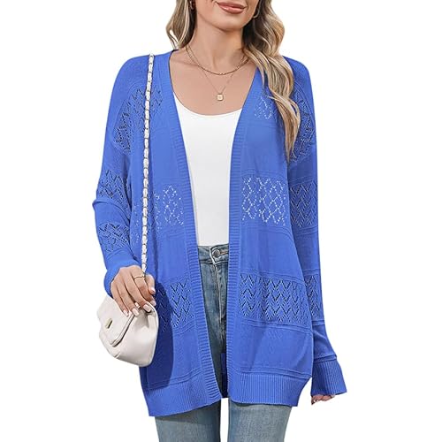 QIANSIQIANBO Strickjacke Damen Leichte Offener Front Weiche Sommer Strickjacken Langarm Boho Casual Häkeln Strickpullover (M) Blau von QIANSIQIANBO