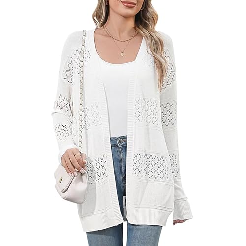 QIANSIQIANBO Strickjacke Damen Leichte Offener Front Weiche Sommer Strickjacken Langarm Boho Casual Häkeln Strickpullover (M) Weiß von QIANSIQIANBO