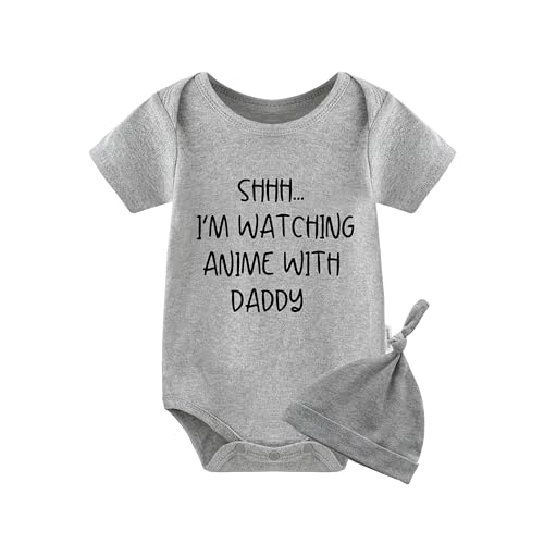 QIANWANYI Baby Zwillinges Baby Bodys I'm Watching Anime Neugeborenen Strampler Jungen Mädchen Geschenk Zwillinge Babybekleidung Mit Hut(grau 3m) von QIANWANYI