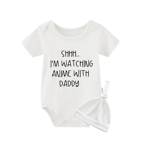 QIANWANYI Baby Zwillinges Baby Bodys I'm Watching Anime Neugeborenen Strampler Jungen Mädchen Geschenk Zwillinge Babybekleidung Mit Hut(weiß 9m) von QIANWANYI