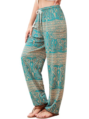 QIANXIZHAN Damen Haremshose Hippie Palazzo Hose Boho Jogger Yoga Kleidung mit Taschen, 4-Cyan Flower, Mittel von QIANXIZHAN