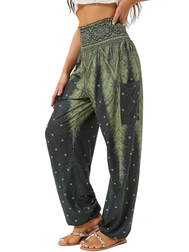 QIANXIZHAN Damen Haremshose, High Waist Yoga Boho Hose mit Taschen Army Green 2XL von QIANXIZHAN