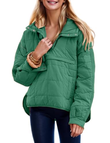 QIBABU Damen Übergroße Pufferjacke mit Kapuze, leicht, gesteppt, Dolman, lange Ärmel, warmer Wintermantel, Grün , L von QIBABU