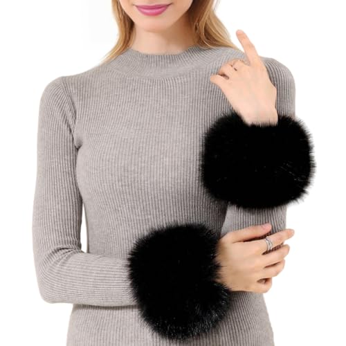 QIBZI Handschuhe & Fäustlinge für Damen,Mit schwarzem Fell verzierte Ärmel, Handschuhe mit winddichten Manschetten, Armbänder mit imitiertem Fuchspelz, warme Ärmel und Handgelenke von QIBZI