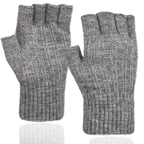 QICEDER Fingerlose Handschuhe, Winter Warme Strickhandschuhe für Arbeiten, Camping, Wandern, Laufen, Radfahren, Fahren - Herren und Damen Halb Finger Handschuhe (Grau) von QICEDER