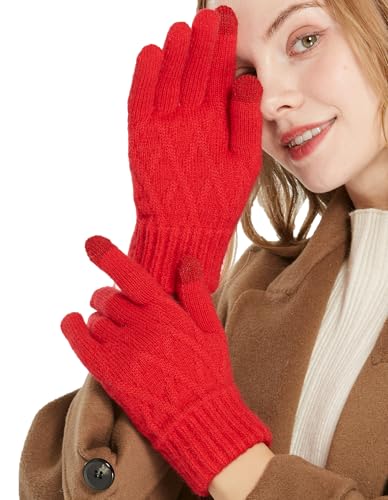 QICEDER Winterhandschuhe für Damen Touchscreen Handschuhe Strick Fingerhandschuhe Sport Warm und Winddicht Winterhandschuhe (Rot) von QICEDER