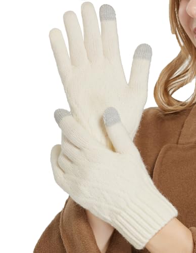 QICEDER Winterhandschuhe für Damen Touchscreen Handschuhe Strick Fingerhandschuhe Sport Warm und Winddicht Winterhandschuhe (Weiß) von QICEDER