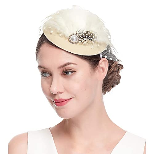 Fascinator Damen Damen Elegant Fascinator Haarreif Für Hochzeit Wedding Tea Party Hair Accessory Flower Feather Tea Party Women Girls Hair Clip Fascinator Pill Box Hat Wedding Clip von QIFLY