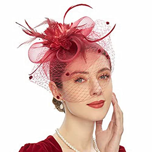 Fascinator Hochzeit Women's Vintage Accessories Sinamay Feather Flower Derby Ball Flower Feather Tea Party Women Girls Hair Clip 1920s Veil Fascinator Hat for Women von QIFLY