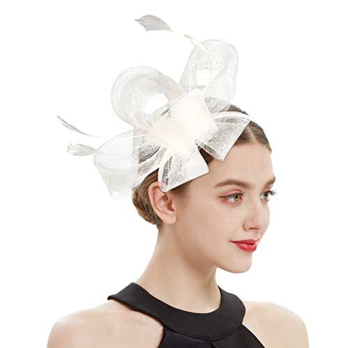 Fascinator Hut Damen Damen Fasching Kostüm Zubehör Wedding Party Top Tea Hat for Women and Girls Feder Netz Schleier Party Hüte Fascinator Wedding Ascot Hat Birdcage Veil von QIFLY