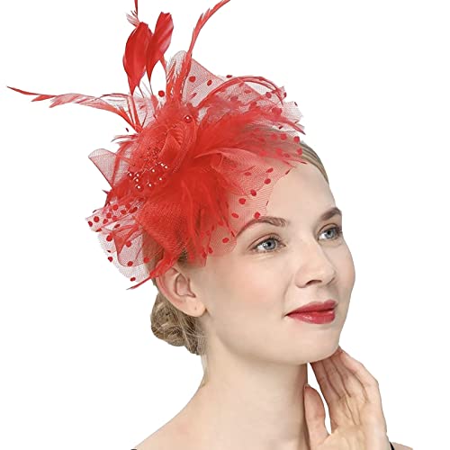 Fascinator Hut Damen Women's Mesh Feathers Clip Wedding Bridal Fascinator Hat Flower Fascinator Feather Brooch Corsage Hair Clip Banquet Hat Headband von QIFLY