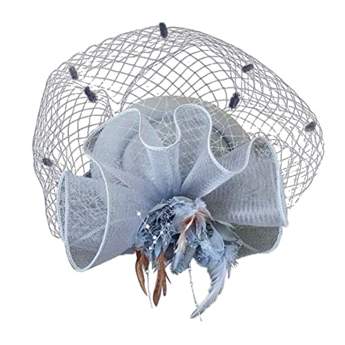 Fascinator Schwarz Damen Elegant Fascinator Haarreif Für Hochzeit Rhinestone Veil Hair Clip Headband Feather Flower Veil Bowler Bride Hat for Cocktail Wedding Fascinator Hat von QIFLY