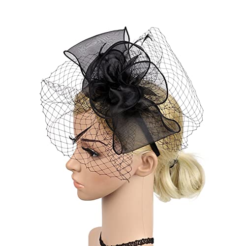 Fascinator Schwarz Women's Fascinator Hat Wedding Hat with Clip Flower Fascinator Feather Brooch Corsage Hair Clip 1920s Flapper Fascinator Mesh Veil Headband von QIFLY