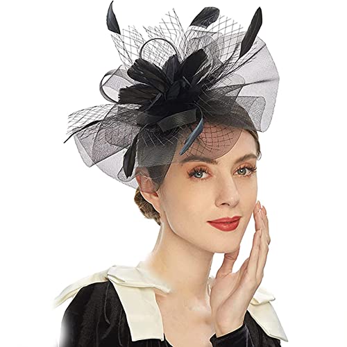 Fascinator Schwarz Women's Vintage Accessories Wedding Cocktail Tea Party for Women and Girls Feder Netz Schleier Party Hüte Bridal Wedding Tea Party Fascinator Veil for Women von QIFLY