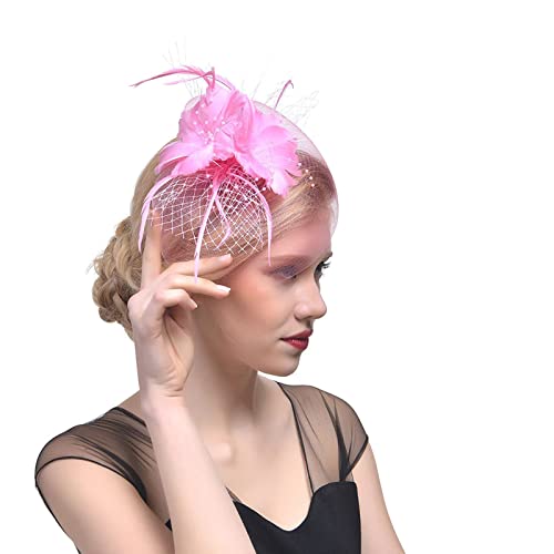 Kopfschmuck Fascinator Damen Fasching Kostüm Accessoires Wedding Cocktail Tea Party for Women and Girls Flower Feather Mesh Elegant Bridal Tea Party Hat Fascinator Hüte Für Frauen von QIFLY