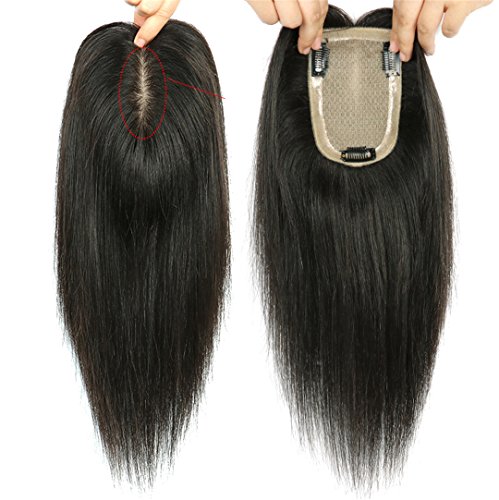Echthaar-Topper zum Anklipsen, für Frauen mit ausdünnendem Haar, 9 x 14 cm, Seidenbasis von QIHAIR