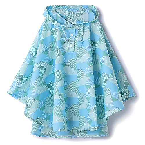 QIKADO Regenponcho Kinder Regencape Unisex Wasserdicht Wiederverwendbar Mädchen Regenjacke mit Kapuze für Fahrrad Wandern Schule Geometrisches Blau/L von QIKADO