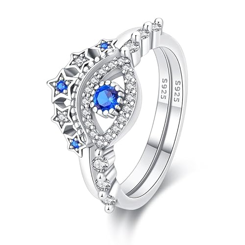 QIKAOLA 925 Sterling Silber Frauen Ring - Mond Stern Evil Eye Bunte Vintage Cubic Zirconia Stapelbar Erklärung für Frauen Mädchen von QIKAOLA