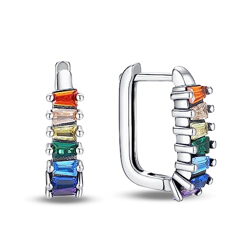 QIKAOLA 925 Sterling Silber Ohrringe U Shaped Hoop Ohrringe mit Multicolor Cubic Zirkonia Hypoallergene Groß Hoop Ohrringe für Frauen Mädchen von QIKAOLA