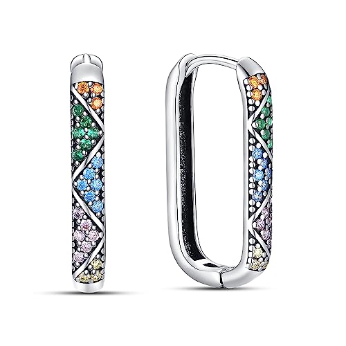 QIKAOLA 925 Sterling Silber Ohrringe U Shaped Hoop Ohrringe mit Multicolor Cubic Zirkonia Hypoallergene Groß Hoop Ohrringe für Frauen Mädchen von QIKAOLA