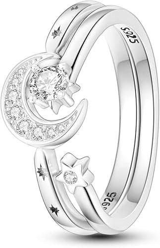 QIKAOLA 925 Sterling Silber Frauen Mond Stern Evil Eye Ring - Bunte Vintage Cubic Zirkonia Stapelbare Statement Ringe für Frauen Größe 6-9 von QIKAOLA