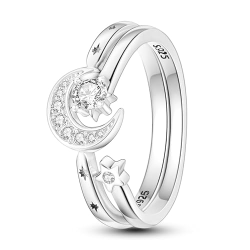 QIKAOLA 925 Sterling Silber Frauen Mond Stern Evil Eye Ring - Bunte Vintage Cubic Zirkonia Stapelbare Statement Ringe für Frauen Größe 6-9 von QIKAOLA