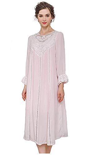QIKEGooods 100% Baumwolle Langarm Nachthemd Für Frauen Viktorianischen Nachthemd Frauen Pyjamas Schlaf Shirt Kleid, 003Pink, 42 von QIKEGooods