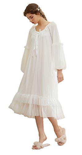 QIKEGooods Damen Nachthemd, 100 % Baumwolle, viktorianisches Nachthemd, langärmelig Gr. X-Large, Gt1702-weiß von QIKEGooods