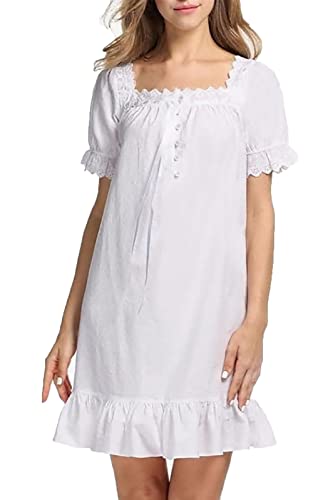 QIKEGooods Damen Nachthemd aus 100% Baumwolle, viktorianisches Nachthemd, kurzärmlig Gr. X-Large, weiß von QIKEGooods