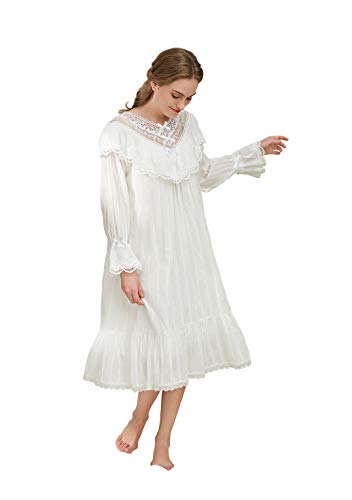 QIKEGooods Viktorianisches Nachthemd aus 100 % Baumwolle, langärmelig, Nachthemd für Damen Gr. Large, 80059-Weiß von QIKEGooods