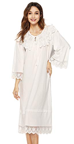 QIKEGooods Viktorianisches Nachthemd aus 100 % Baumwolle, langärmelig, Schlafshirt, Thailändisches Weiß, 48 von QIKEGooods