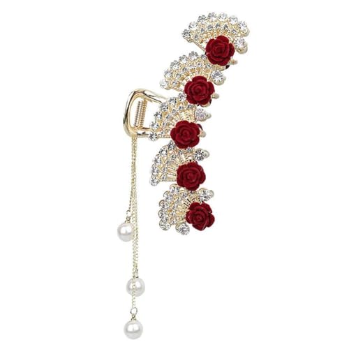 Rote beflockte Rosen, modische Quaste, Haarkrallen, glänzende Kristall-Haarspange, Accessoires für Kopfschmuck, Haar-Eleganz, Damen von QILTON