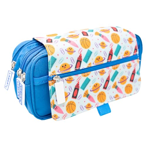 QILZO Schulmäppchen mit 3 Fächern, 22 x 10 x 8 cm, Stiftehalter mit 3 Reißverschlüssen, Klappe, Identifikator, Schreibwaren-Organizer, Schulmaterial, ideal für die Schule für Jungen und Mädchen, blau von QILZO
