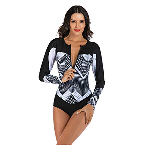 QIMANZI Damen Schwimmshirt Langarm UPF 50+ Athletic Swim Shirt Farbblock Druck Tankini Sets Badeanzug Badeshirt (B Schwarz,S) von QIMANZI