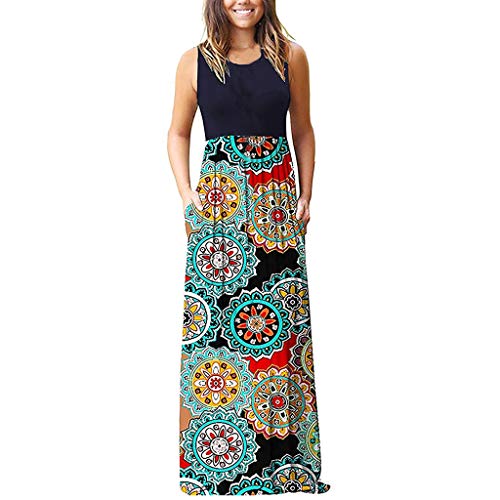 QIMANZI Sommerkleid Damen Ärmellos Tasche Beiläufig Blumen Drucken Strand Lange Maxi Lose Kleid Kurze Ärmel Boho Kleider Maxikleid(B Marine,L) von QIMANZI