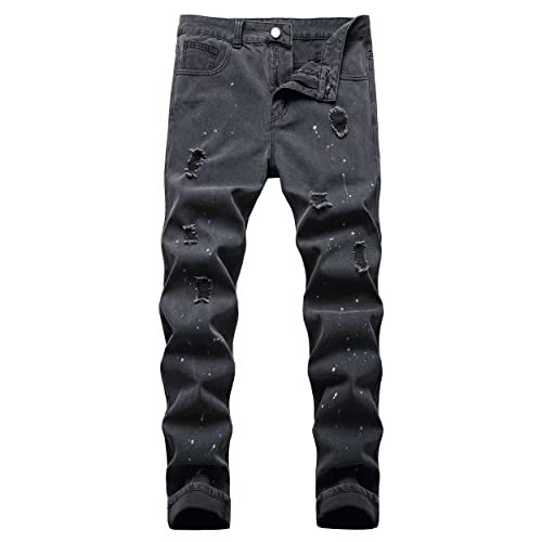 QIMYUM Herren Jeans mit geradem Bein, Distressed Destroyed Slim Fit Denim Hose, Ly042 Black, 52 von QIMYUM