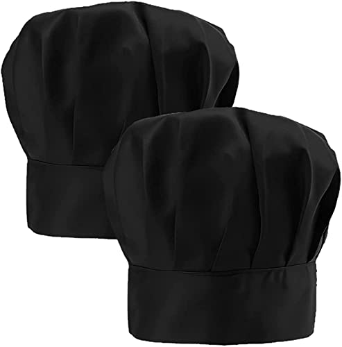 QINERSAW 2 Stück Schwarz Kochmütze Erwachsene Unisex Kochmütze Verstellbar Kochhut Männer Damen Herren Kochhaube mit Gummiband Koch Kopfbedeckung Chef Hut Chef Hat Küchenmütze Café Restaurant Hotel von QINERSAW