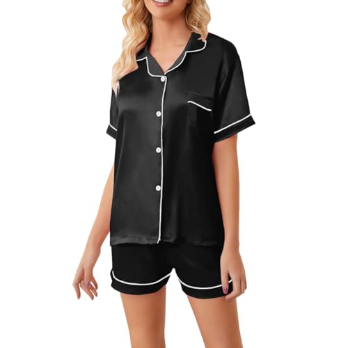 QINFEN YUNDOU Damen Pyjama Set Satin Damen Schlafanzug mit Knopfleiste Pyjamas Set für Frauen Kurzarm Sleepshirt mit Knöpfe (DE/NL/SE/PL, Alphanumerisch, L, Regular, Regular, Schwarz) von QINFEN YUNDOU