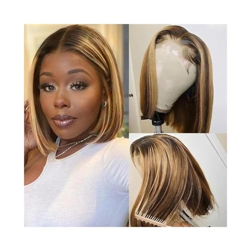 Lace Front Perücken Echthaar 180 Dichte Highlight Kurze Bob Echthaarperücke 4×4 Lace Frontalperücke for schwarze Frauen Vorgezupfte Indische Haar Glatte Perücke Perücken für Frauen(14inches) von QINGGANG-0224