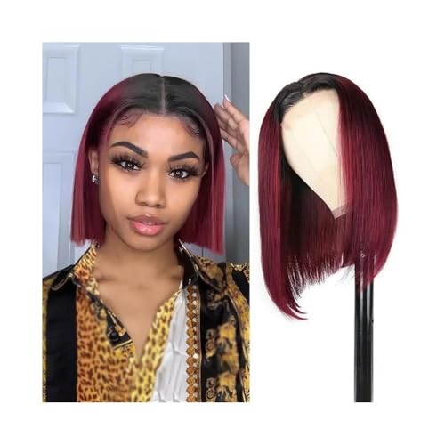 Lace Front Perücken Echthaar 1B/99J Kurze Bob-Perücken, T-Teil, Lace-Front-Perücke, glatte Echthaar-Perücken for schwarze Frauen Perücken für Frauen(16inches) von QINGGANG-0224