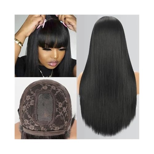 Lace Front Perücken Echthaar 3X1 Mittelteil Spitzenperücke Knochen glatte Echthaarperücke mit Pony Echthaarperücken for Frauen Perücken für Frauen(10inches) von QINGGANG-0224