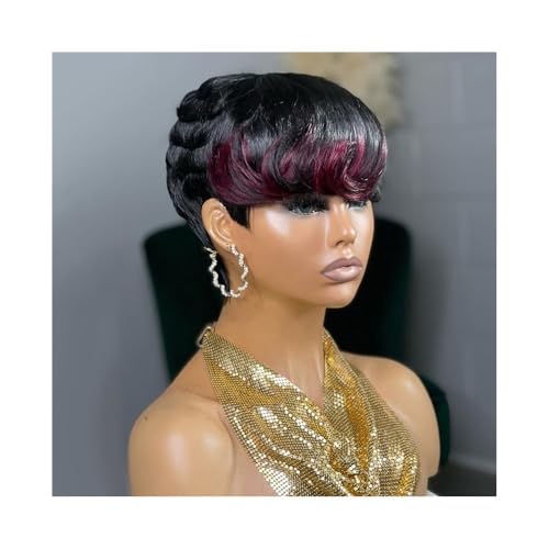 Lace Front Perücken Echthaar 99J Kurze Perücken for schwarze Frauen Echthaar Highlight Burgunder Mix Schwarze Kurze Bob Perücken Perücken für Frauen von QINGGANG-0224