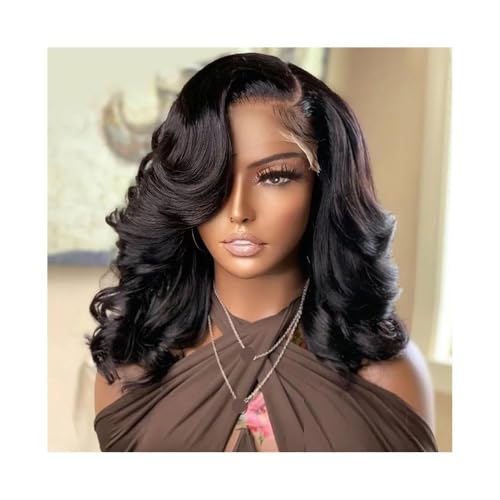 Lace Front Perücken Echthaar Body Wave Bob Perücke, 13×4 Lace Front Echthaarperücken for Frauen, gewellter Seitenscheitel, Lace Short Bob Perücken Perücken für Frauen(14 inches) von QINGGANG-0224