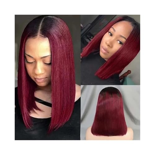 Lace Front Perücken Echthaar Kurze Bob-Perücke aus Echthaar for Frauen, glatte 4x4-Spitzenfrontperücken, Echthaar, vorgezupft, T-Teil-Spitzenperücken, Remy-Haar Perücken für Frauen(10inches) von QINGGANG-0224