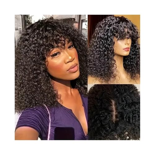 Lace Front Perücken Echthaar Kurze Bob-Perücke aus Echthaar mit Pony, 2 x 1 HD-Spitze, klebefreie Perücken, lockige Perücke aus Echthaar, natürliche Farbe for Frauen, 180% Dichte Perücken für Frauen( von QINGGANG-0224