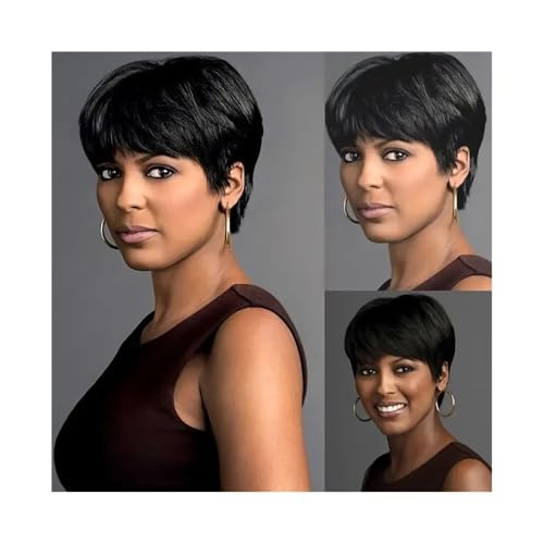 Lace Front Perücken Echthaar Kurze Pixie Cut Perücke Echthaar for Frauen mit Pony Brasilianische Echthaarperücken Perücken für Frauen von QINGGANG-0224