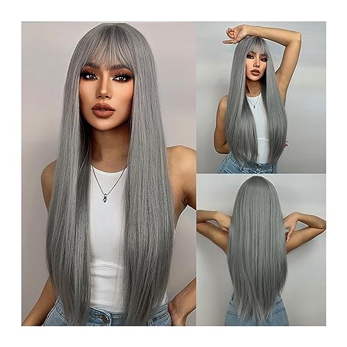 Lace Front Perücken Echthaar Lange blaue gerade Perücke mit Pony, hitzebeständige synthetische Perücken for den täglichen Gebrauch von Frauen Perücken für Frauen von QINGGANG-0224