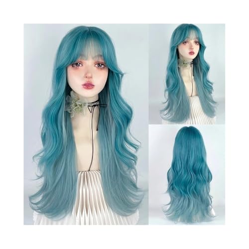 Lace Front Perücken Echthaar Ombre Blau Grau Synthetische Lange Gewellte Lagenperücke mit Pony Flauschige Damenperücke for Tägliche Party Perücken für Frauen von QINGGANG-0224