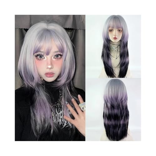 Lace Front Perücken Echthaar Perücke Grau Ombre Lila Lange Gerade Synthetische Frauen Flauschige Cosplay Perücke for Tägliche Party Perücken für Frauen von QINGGANG-0224
